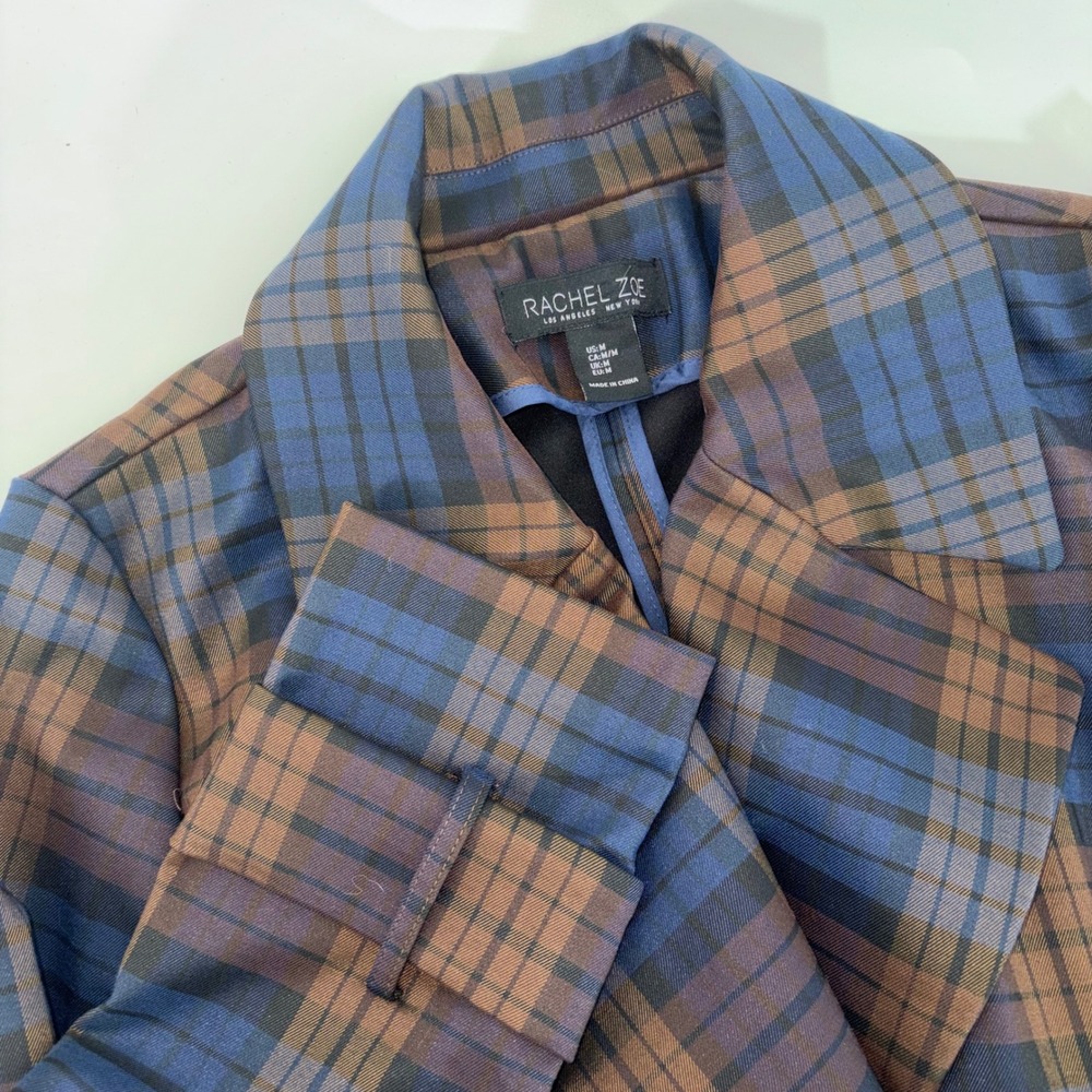 Rachel Zoe Womens Blue Brown Plaid Belted Trench Coat Jacket Size M